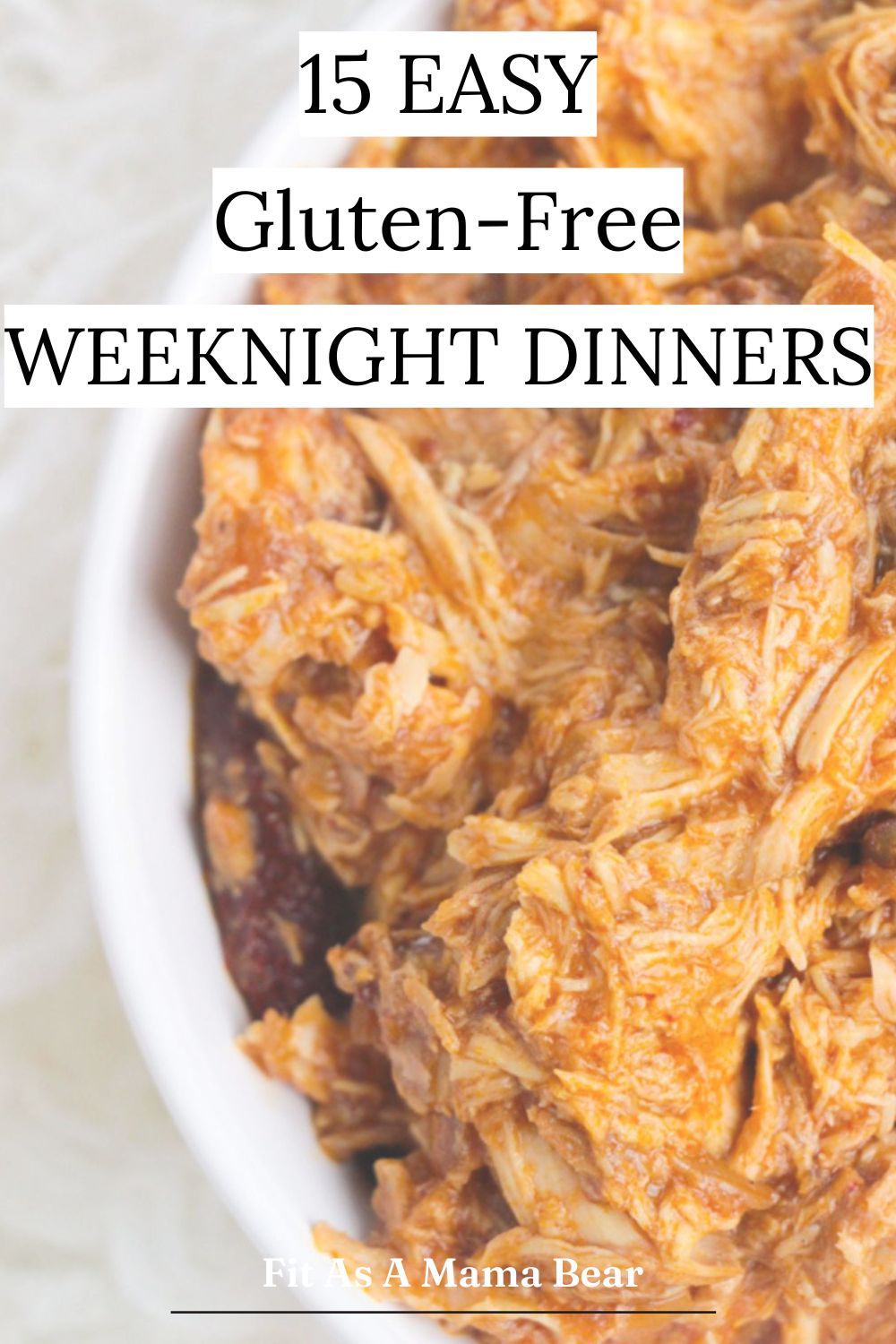 Juicy shredded chicken in a bowl with text over top.
