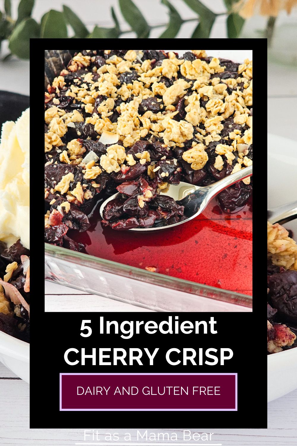 a close up of baked cherry crisp on a baking pan with a metal spoon, with text on top