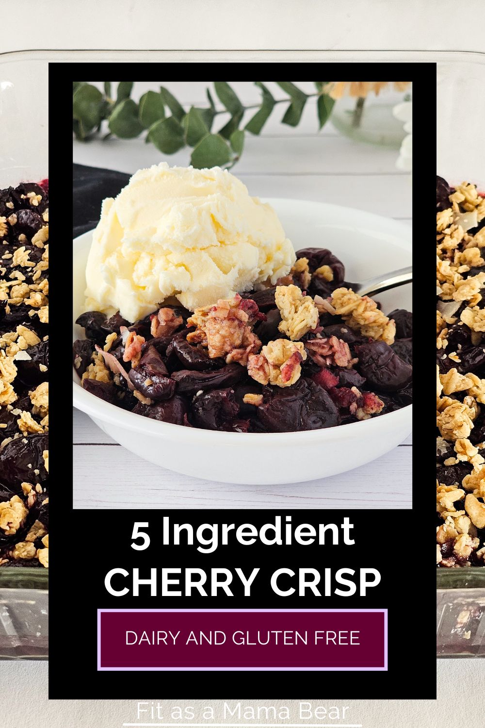 a bowl of cherry granola crisps with ice cream with an text on top