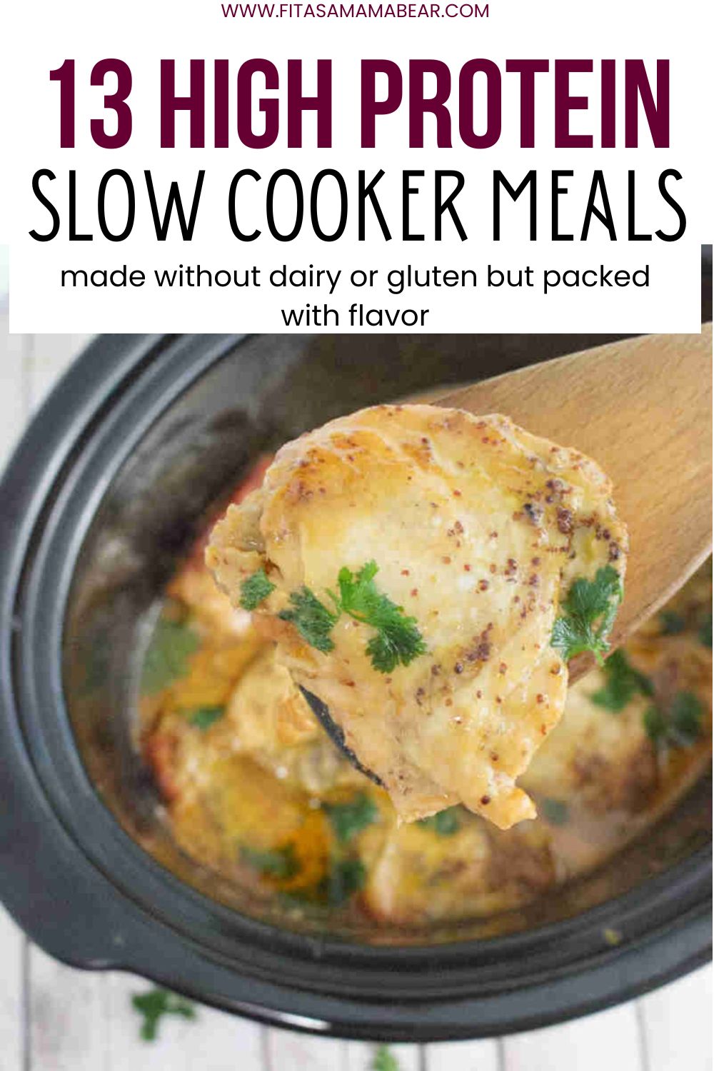 Chicken thigh with sauce on it being lifted from a slow cooker and text on the image.