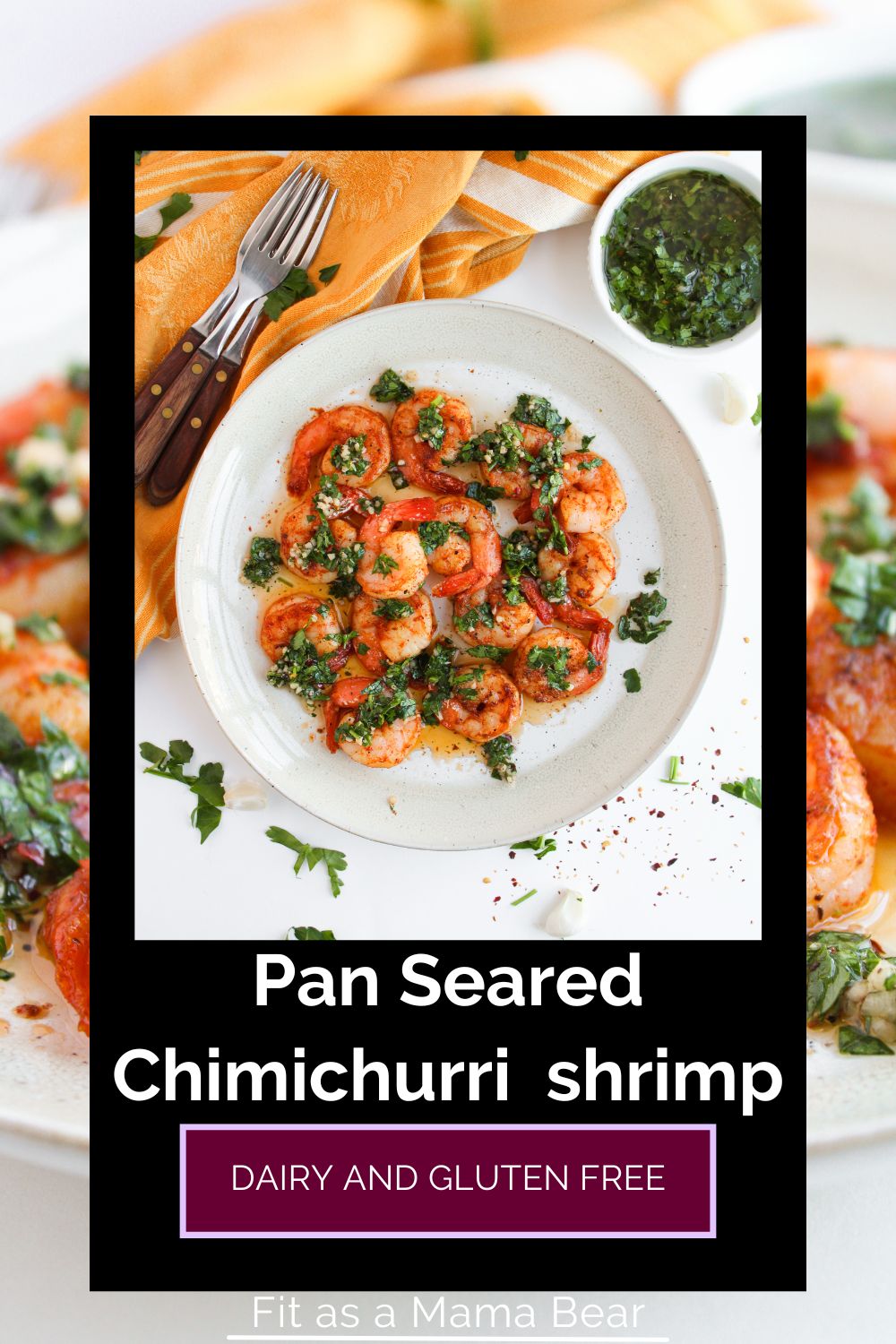 A plate of chimichurri shrimp with text on image.