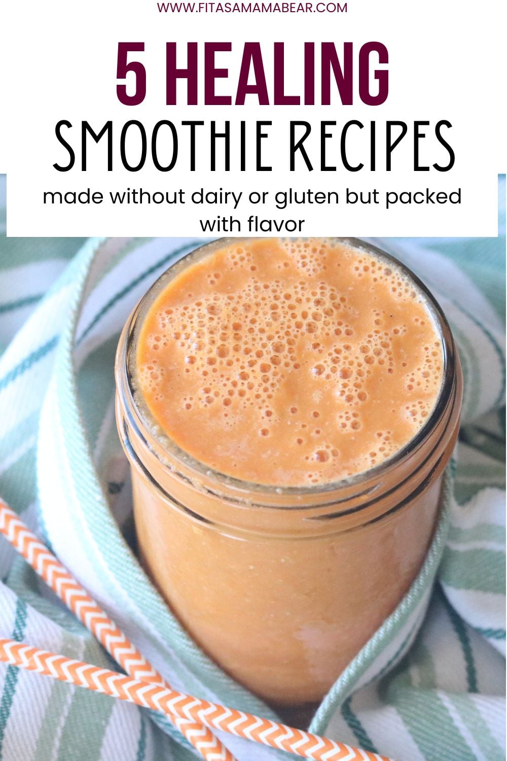 Orange smoothie in a mason jar with text on the image.