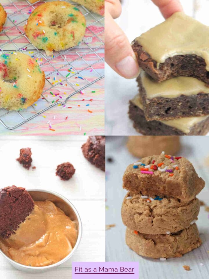 Four images of cookies, brownies, and peanut butter.