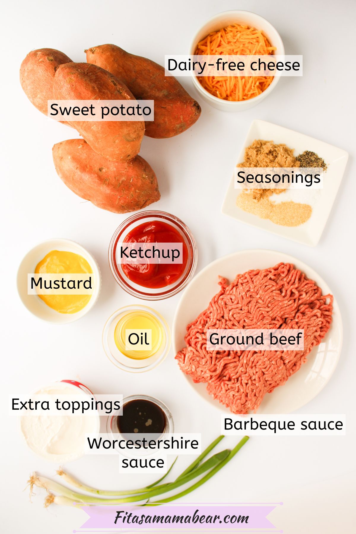 Sweet potatoes, cheese, seasonings, ground beef, ketchup, oil, mustard, barbecue sauce, sour cream, worstershire sauce, and green onions with text labels on top.