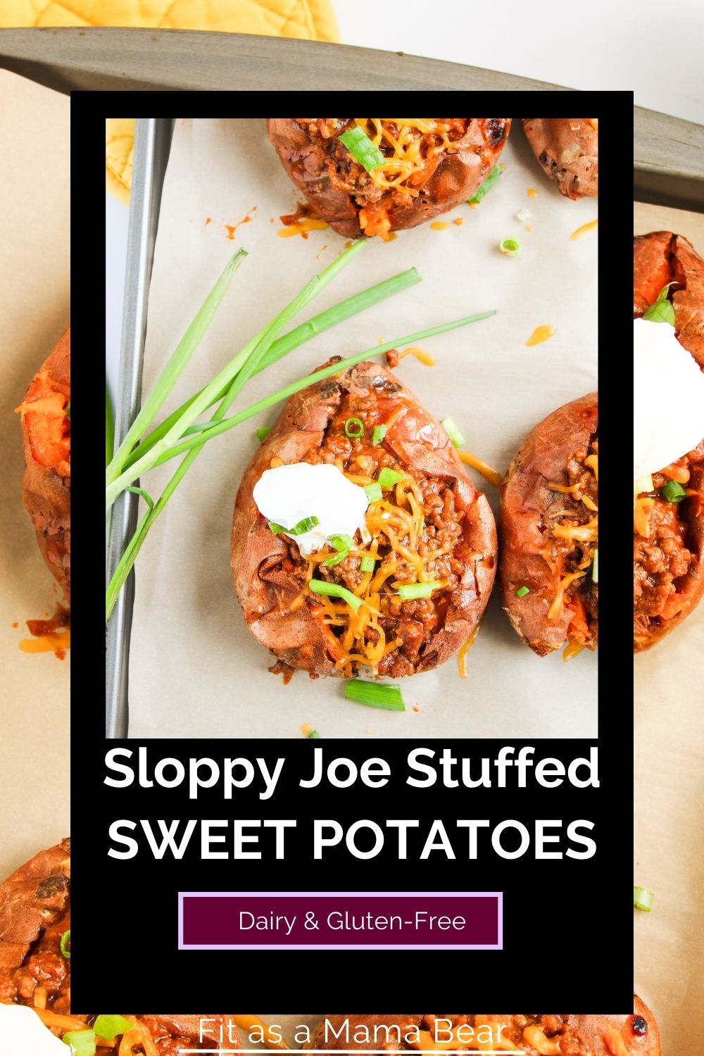 Baked sloppy joe sweet potatoes with text on image.