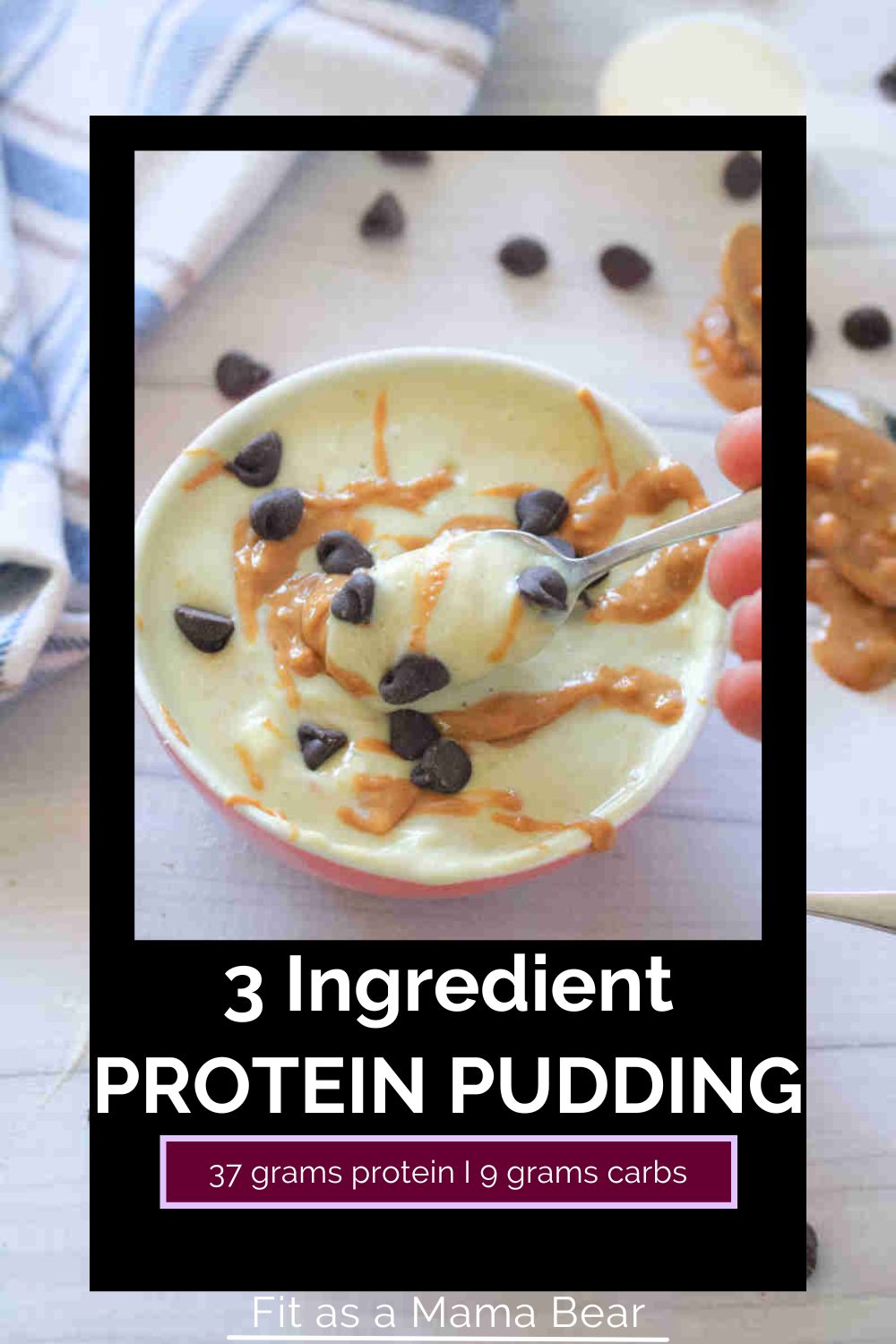 Protein yogurt pudding in a bowl with text on image.