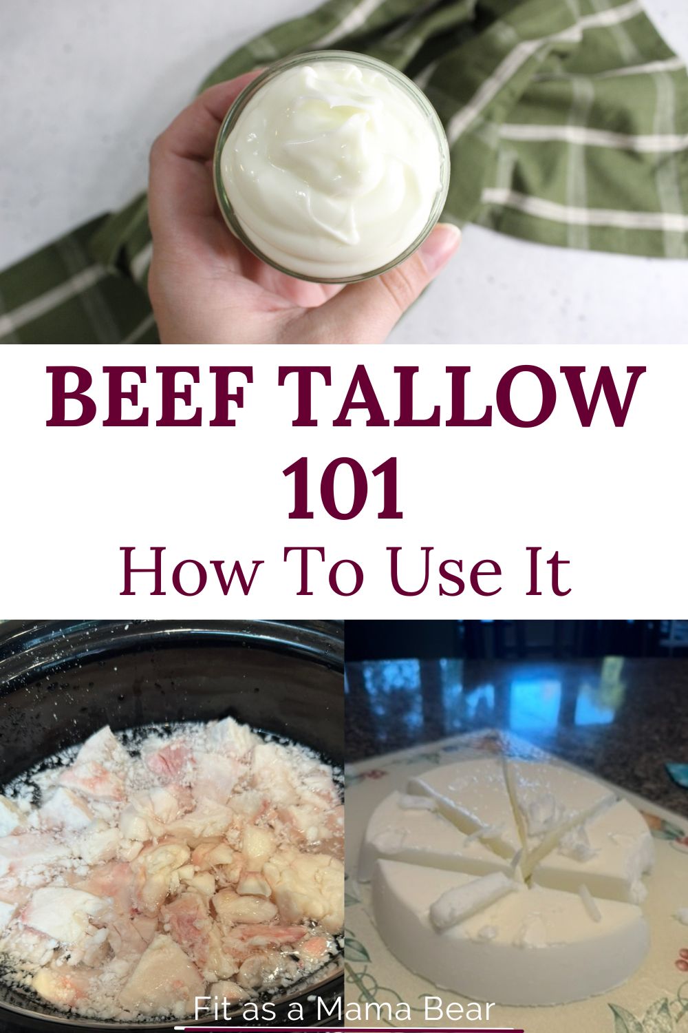 Two images with text between them the top of beef tallow lotion and the bottom of it being made.