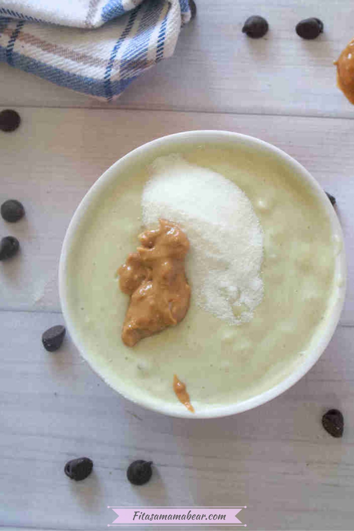 Greek yogurt, peanut butter, and collagen powder mixed in a bowl.