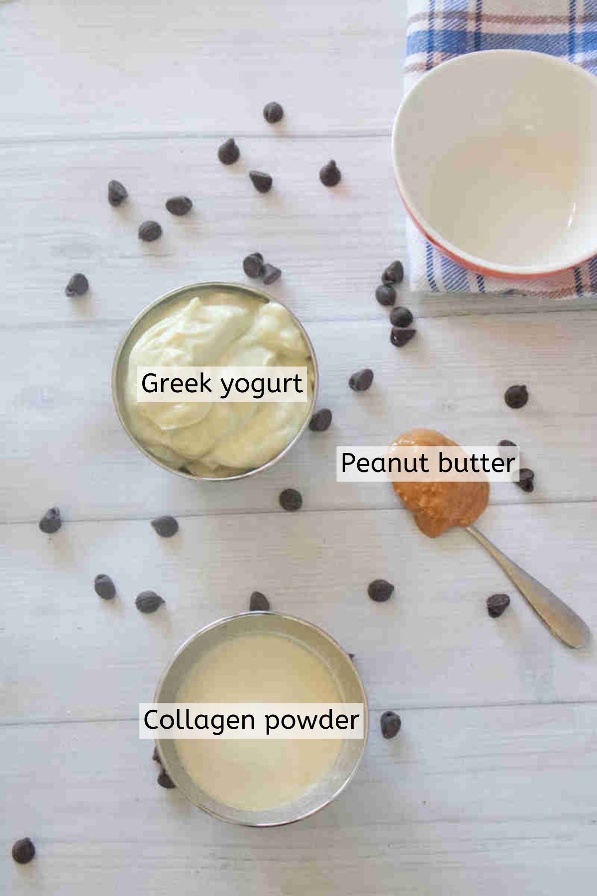A bowl of greek yogurt and collagen powder with a spoon of peanut butter, with text labels on image.