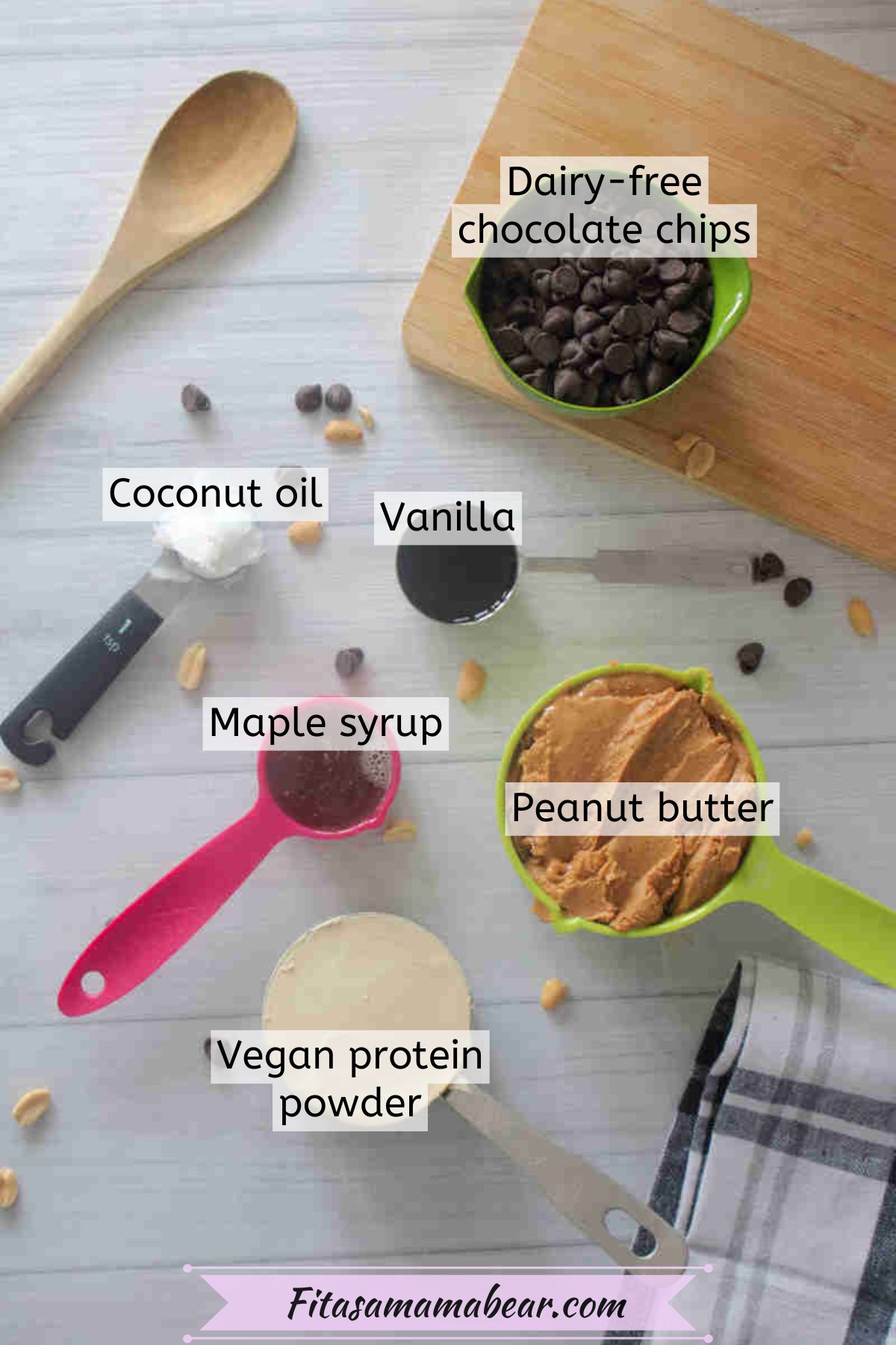 Coconut oil, peanut butter, vanilla, maple syrup, chocolate chips, and protein powder with text labels on image.