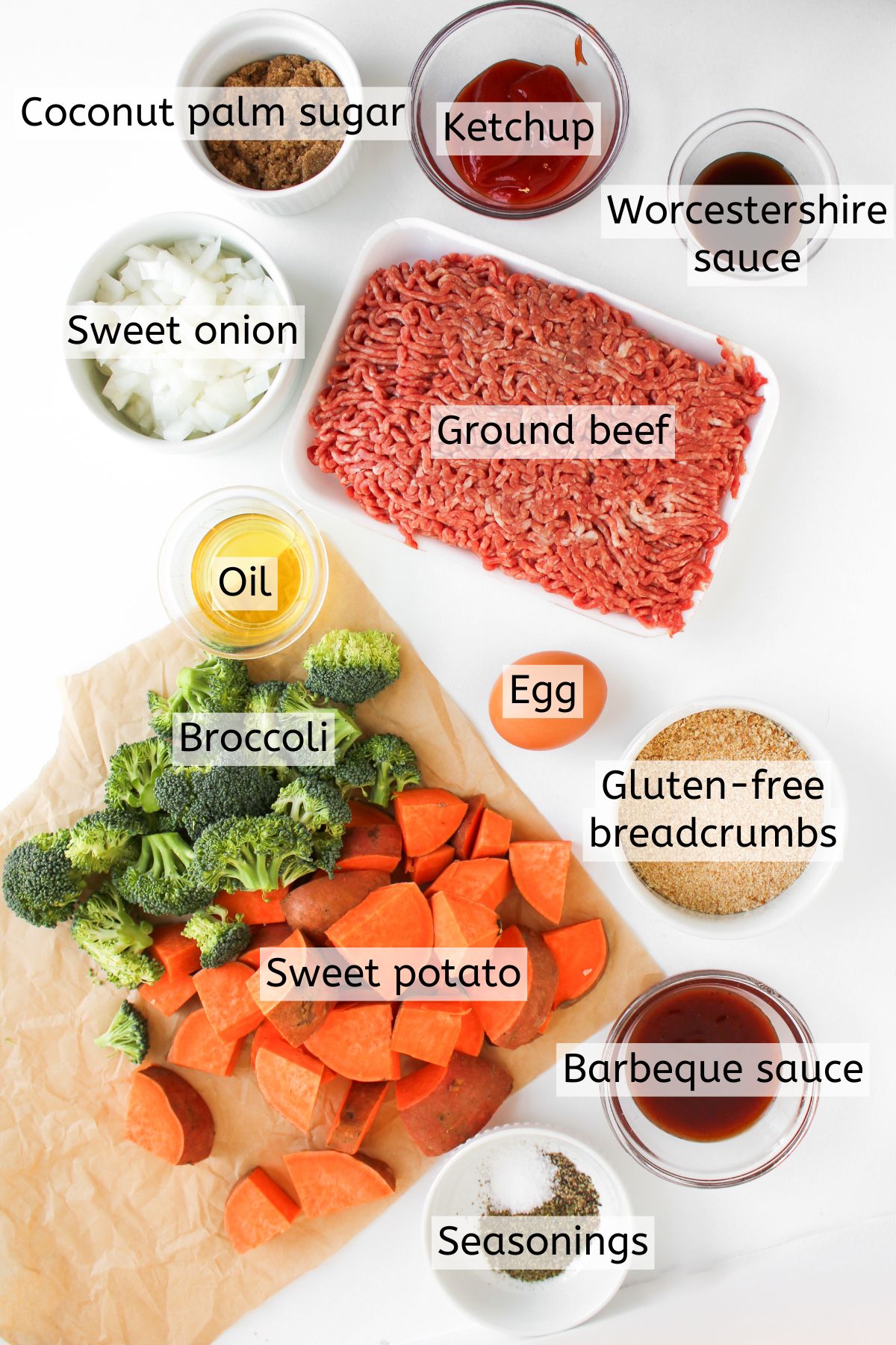 Ground beef, sweet onions, coconut palm sugar, ketchup, Worcestershire sauce, oil, broccoli, sweet potato, egg, breadcrumbs, barbecue sauce, and seasoning with text on top.
