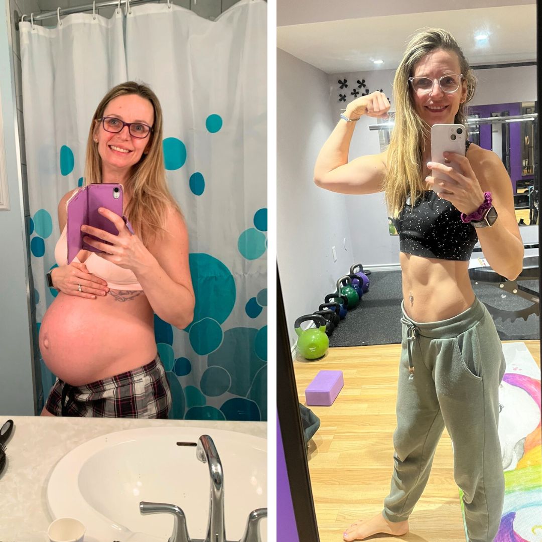Two side by side images the first of a pregnant womena and the second of a woman flexing.