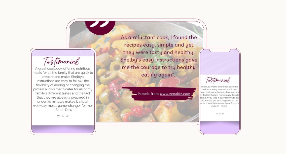 Three testimonials on fun backgrounds.