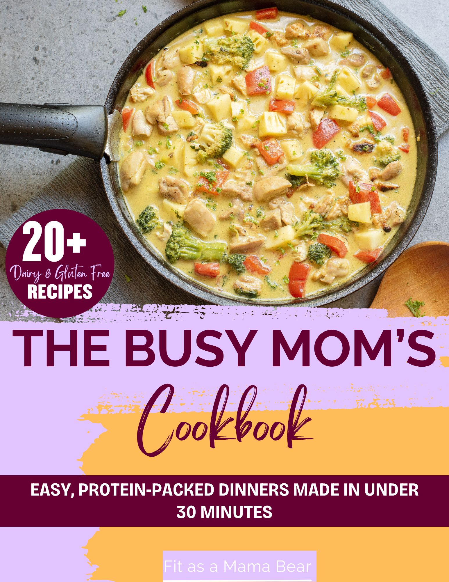 Healthy curry in a black oan with text about the busy moms cookbook below it.