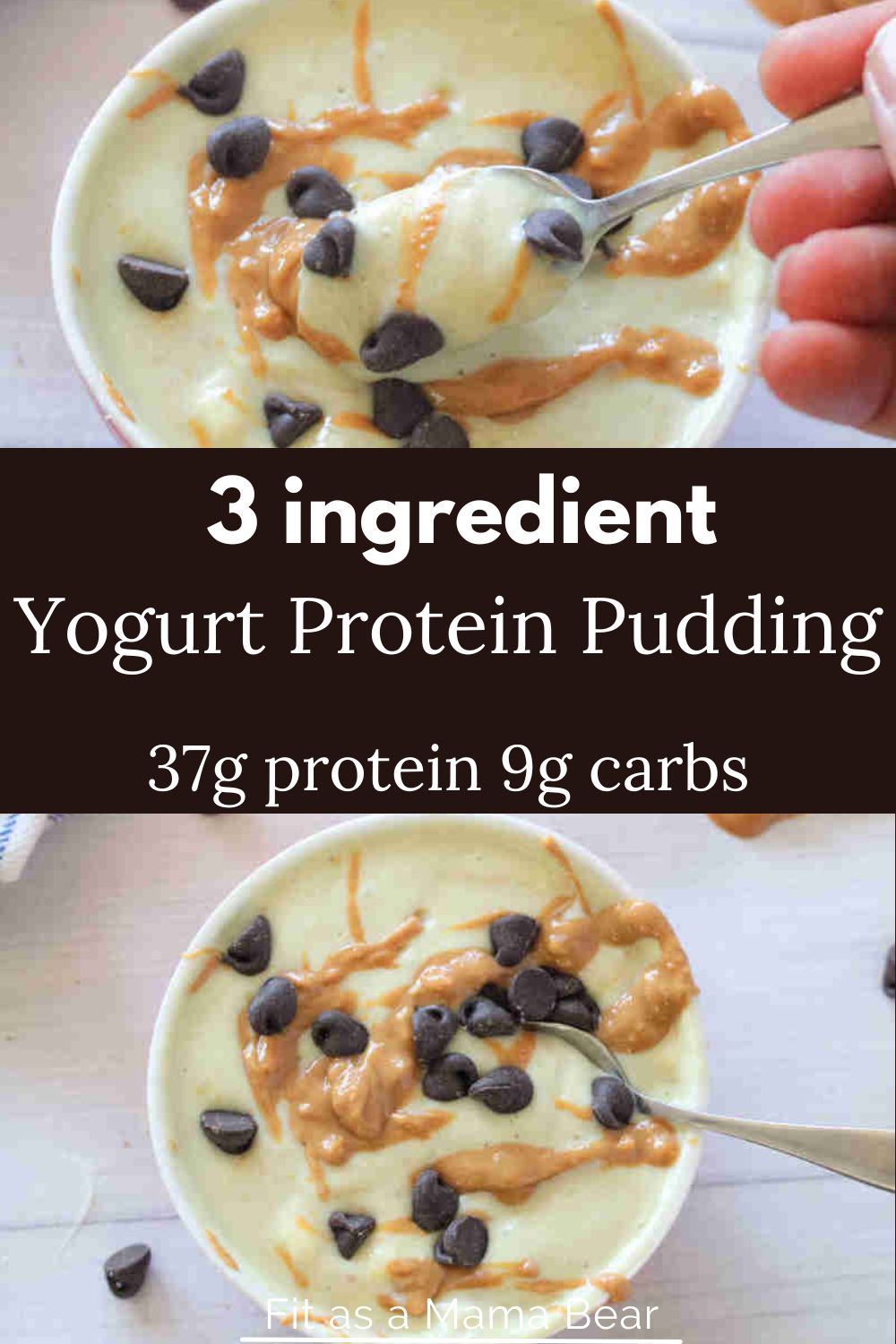 Two images with text in between, on top a spoon scooping greek yogurt , at the bottom a bowl of greek yogurt with peanut butter and chocolate