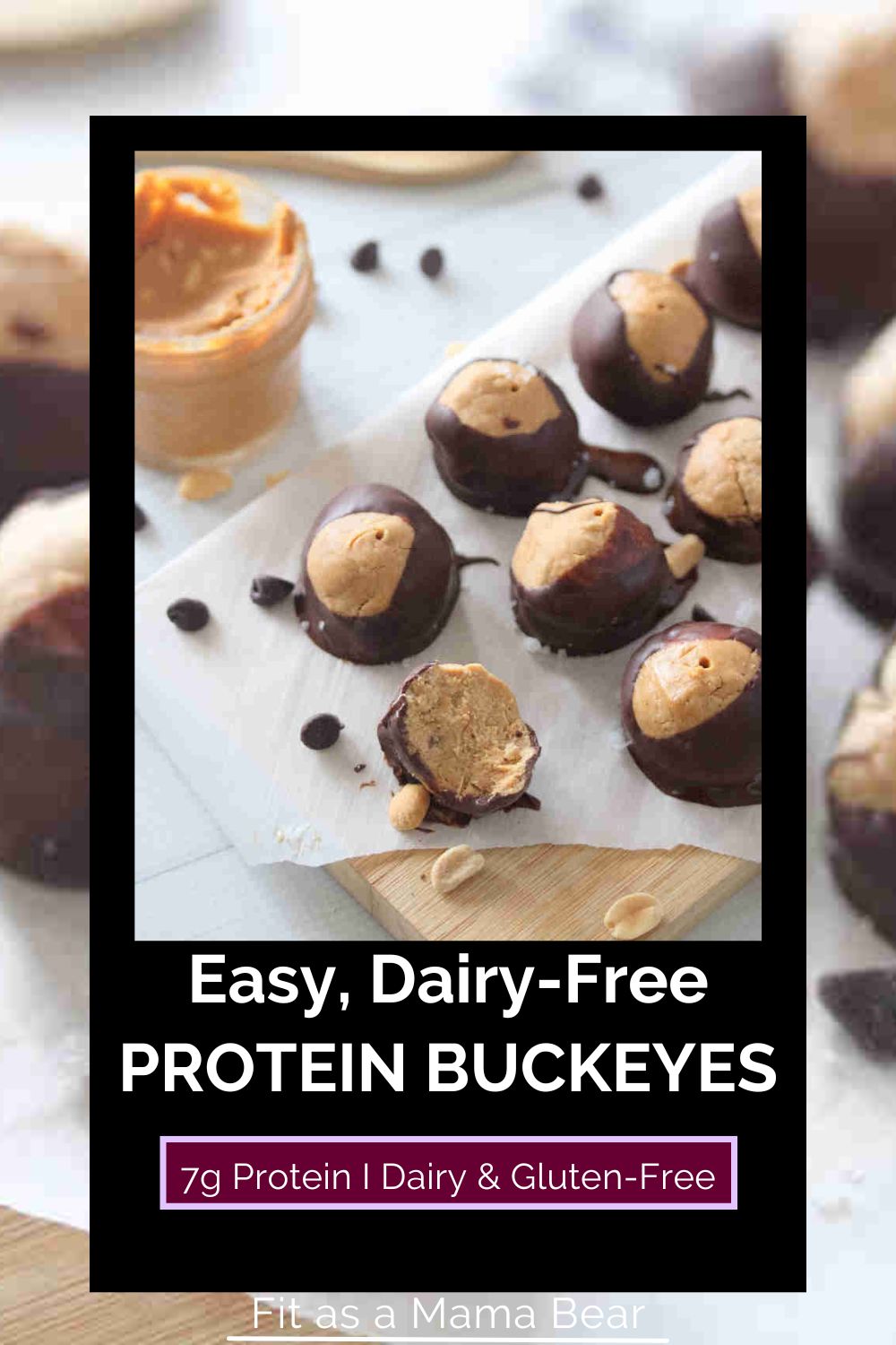 Peanut butter chocolate buckeyes with text on image.