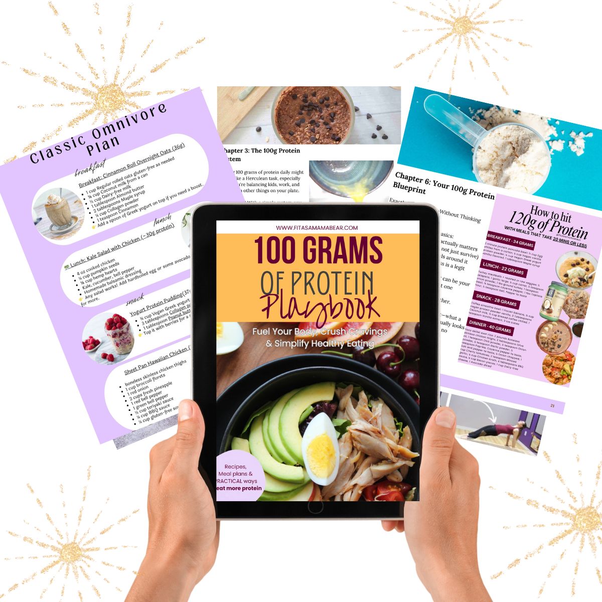 Promotion image with an e-book in front and two hands holding it with pages behind it.