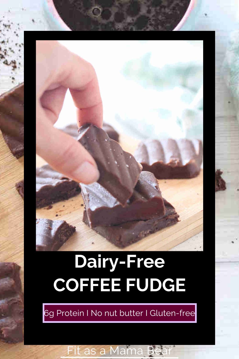 Square of coffee fudge being stacked on others on a cutting board with text on the image.