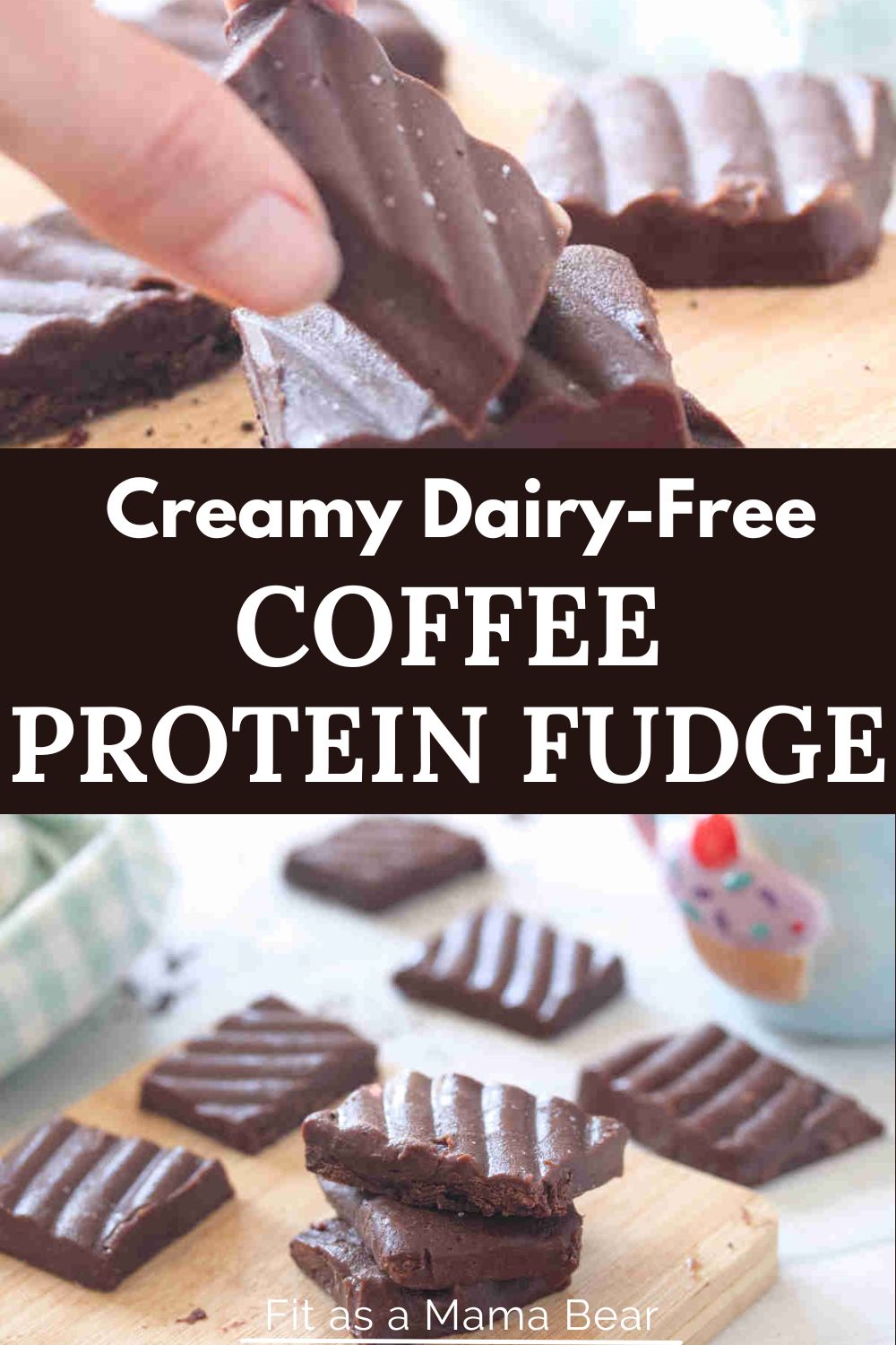 Two images of squares of coffee fudge on a cutting board with text between the images.