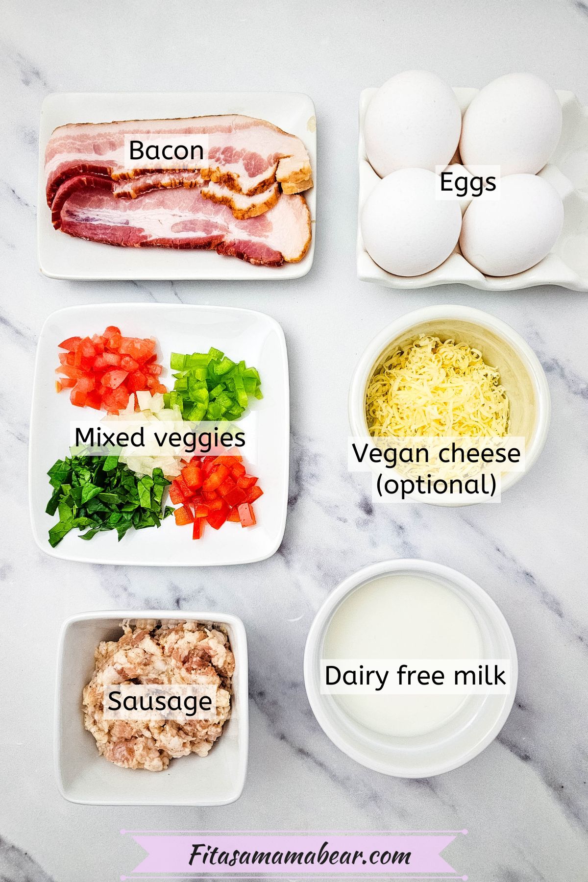 Veggies, eggs, milk, and meat in dishes with text labels over top.