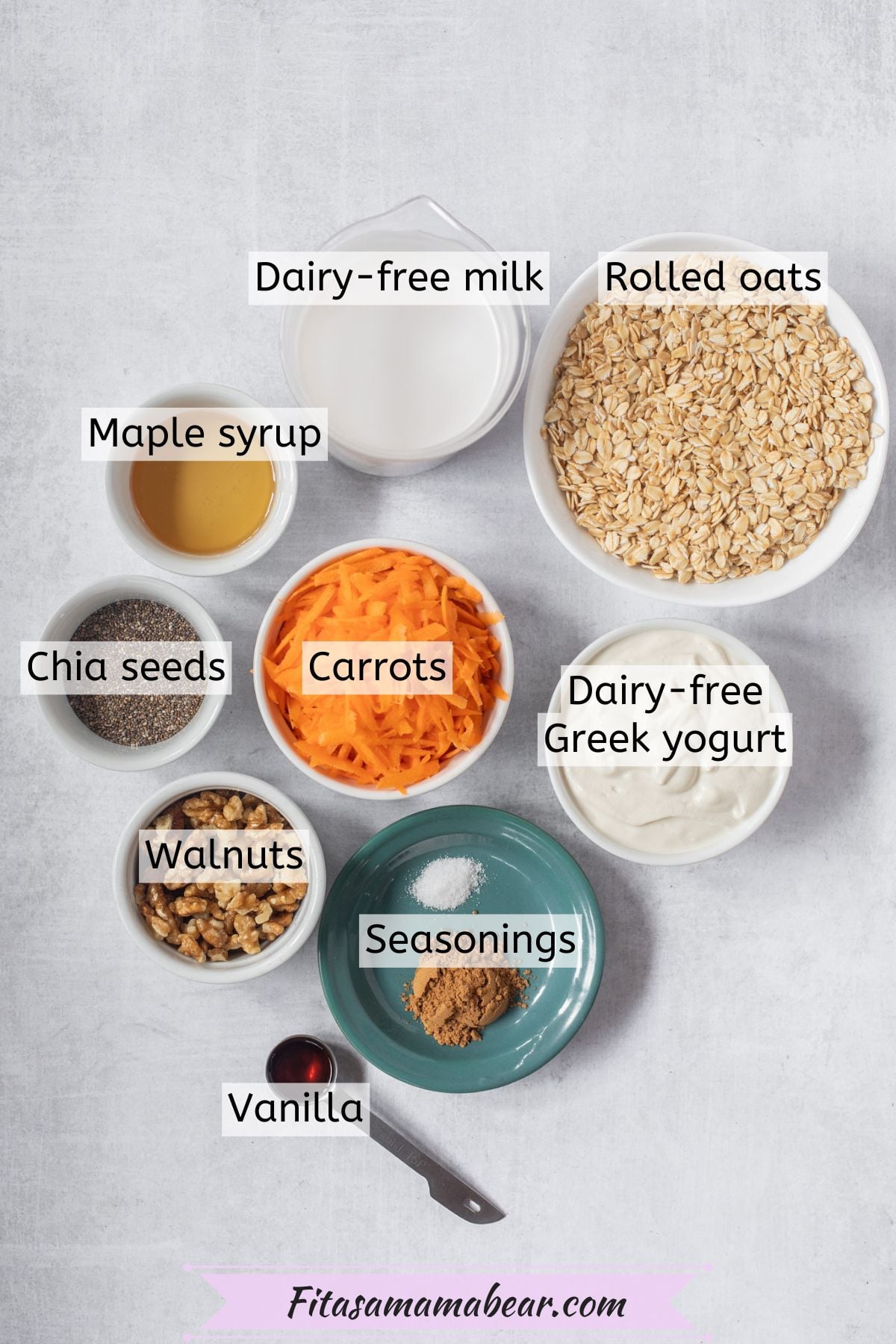 Multiple ingredients to make overnight oats in measuring cups with text labels over top.