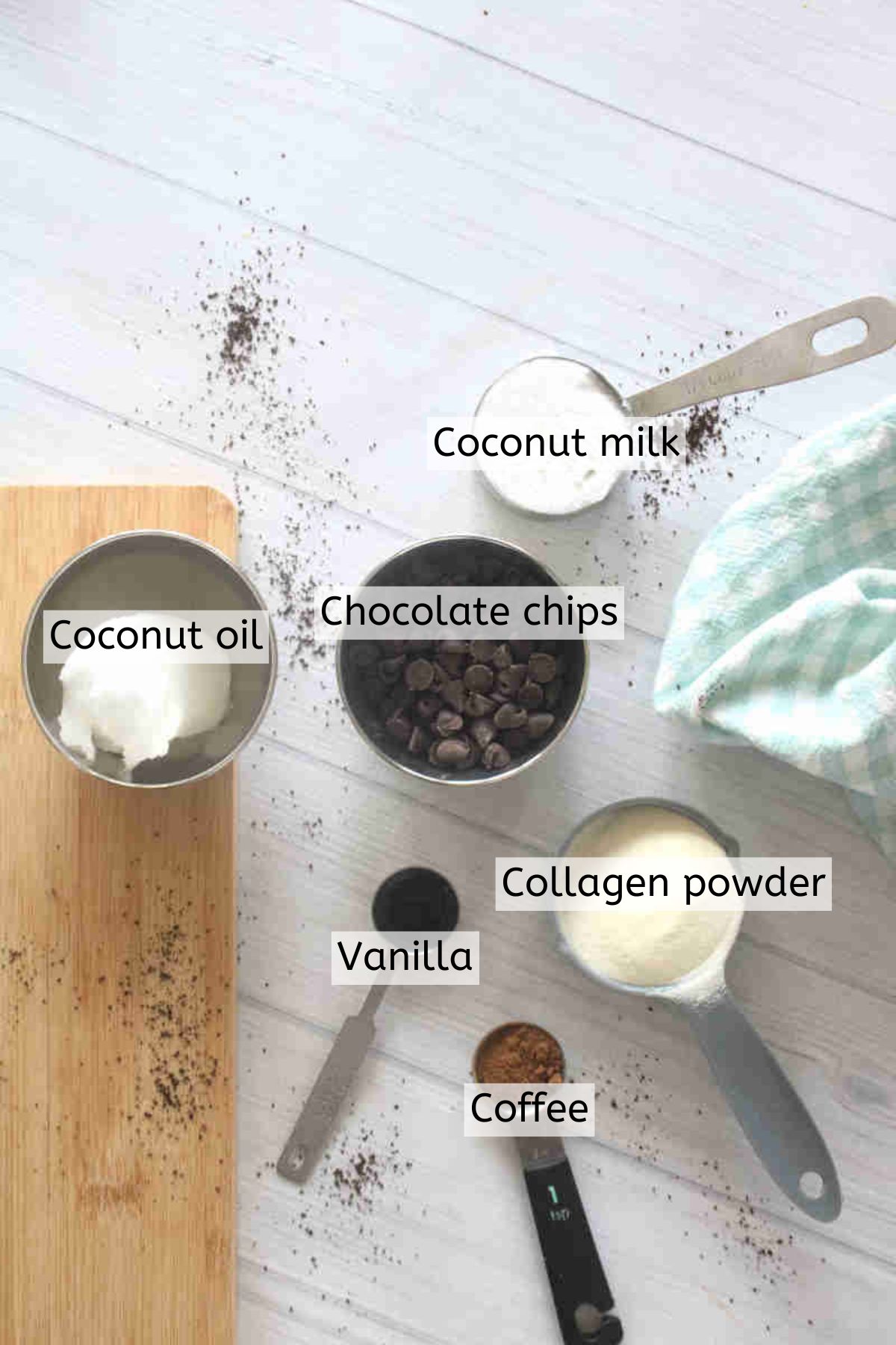 Multiple ingredients in measuring cups with text labels over top.