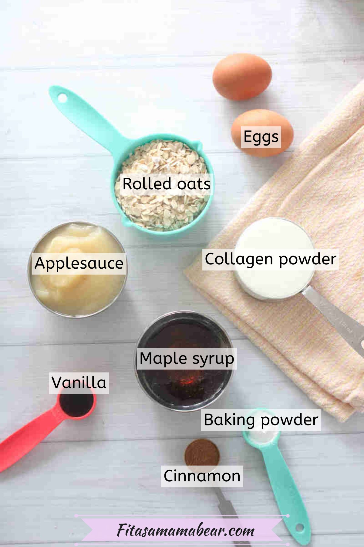 Eggs, rolled oats, apple sauce, collagen powder, vanilla, maple syrup, cinnamon, and baking powder with text labels on top of each ingredient.