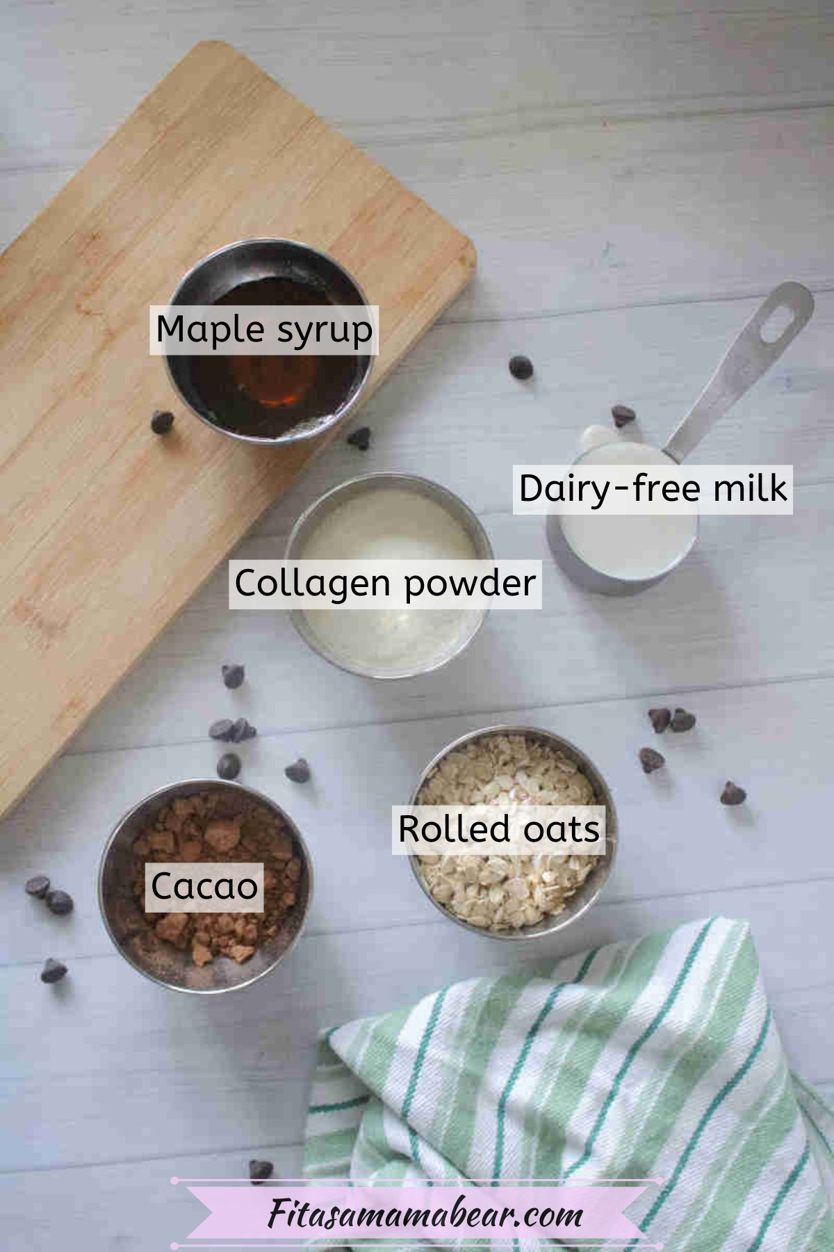 Multiple ingredients like oats, collagen, maple syrup and cacao powder in measuring cups with text over the images.