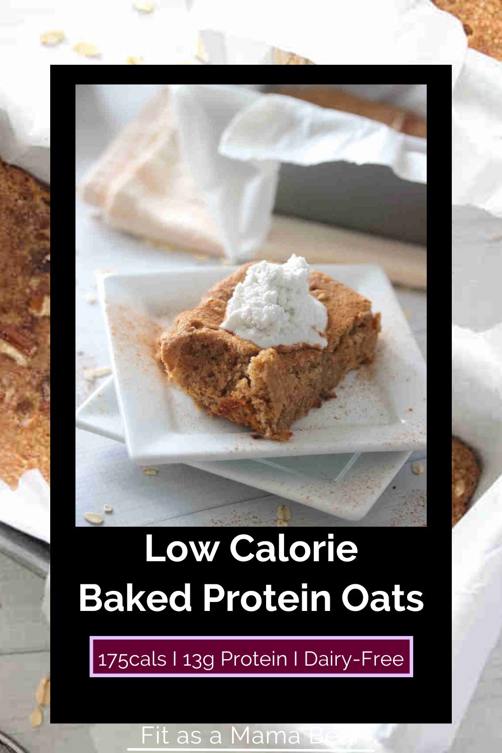 A plate of baked oats topped with coconut cream, and text on image