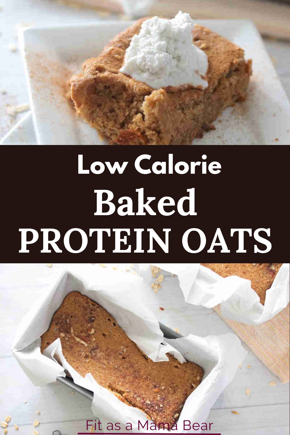 Two images between a text, on top a slice of baked oats on a white plate, at the bottom a pan of baked oats.