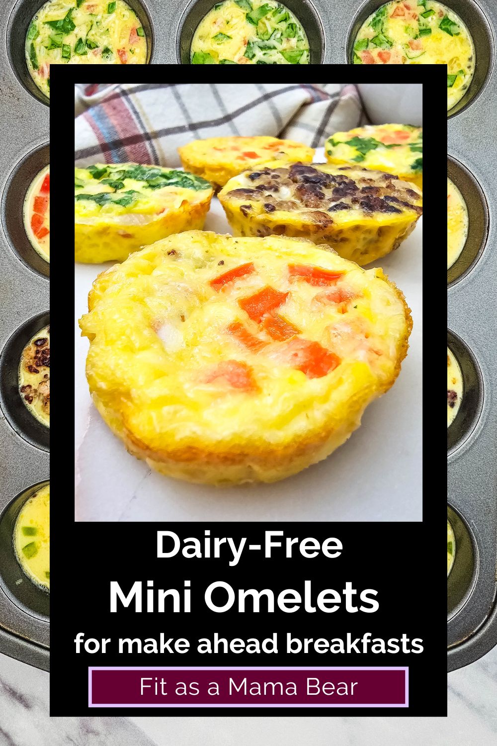 Two images of egg bites with a close up of the cooked version and text below the image.