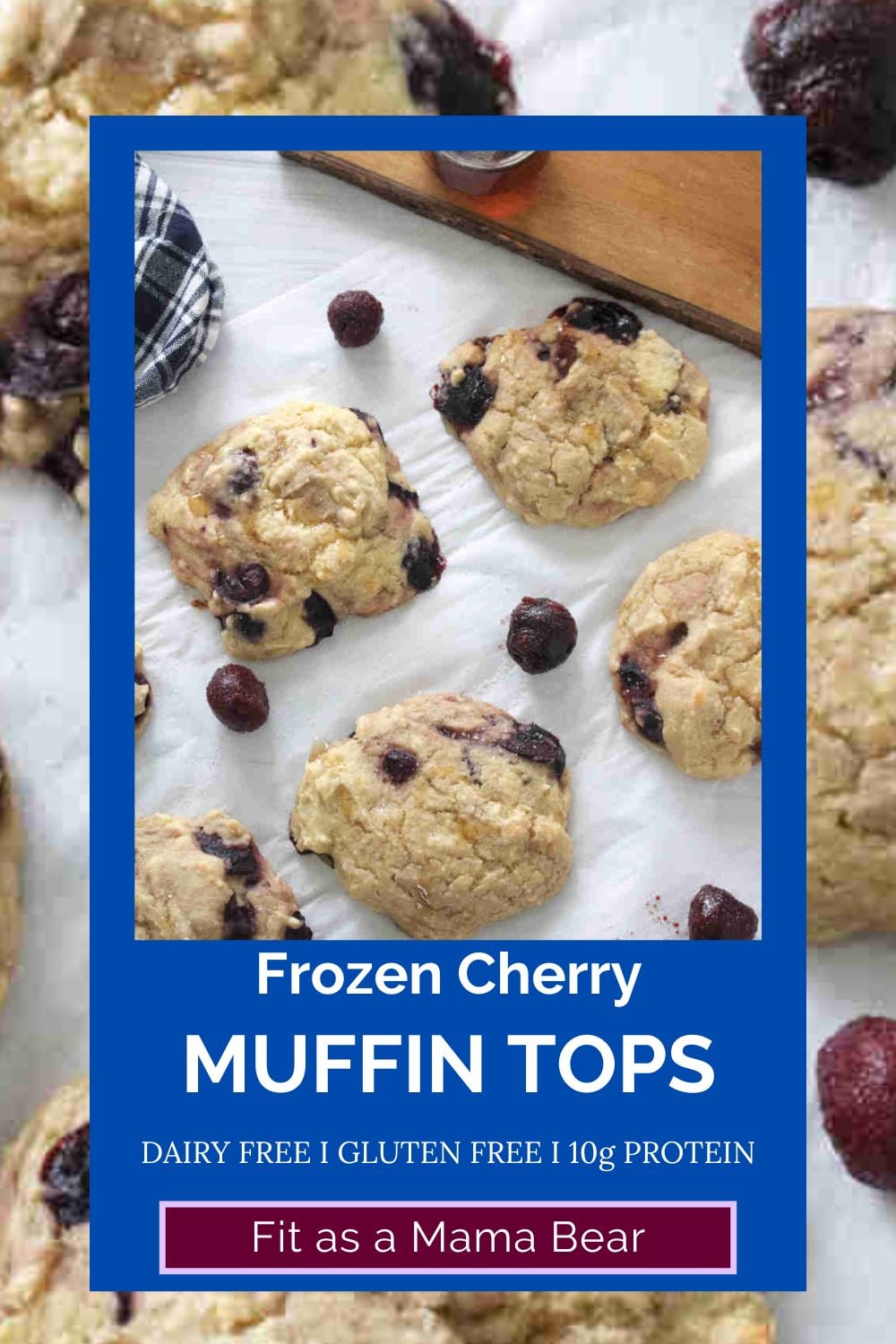 Cherry muffin tops on a piece of parchment paper with frozen cherries around them and text on the image.