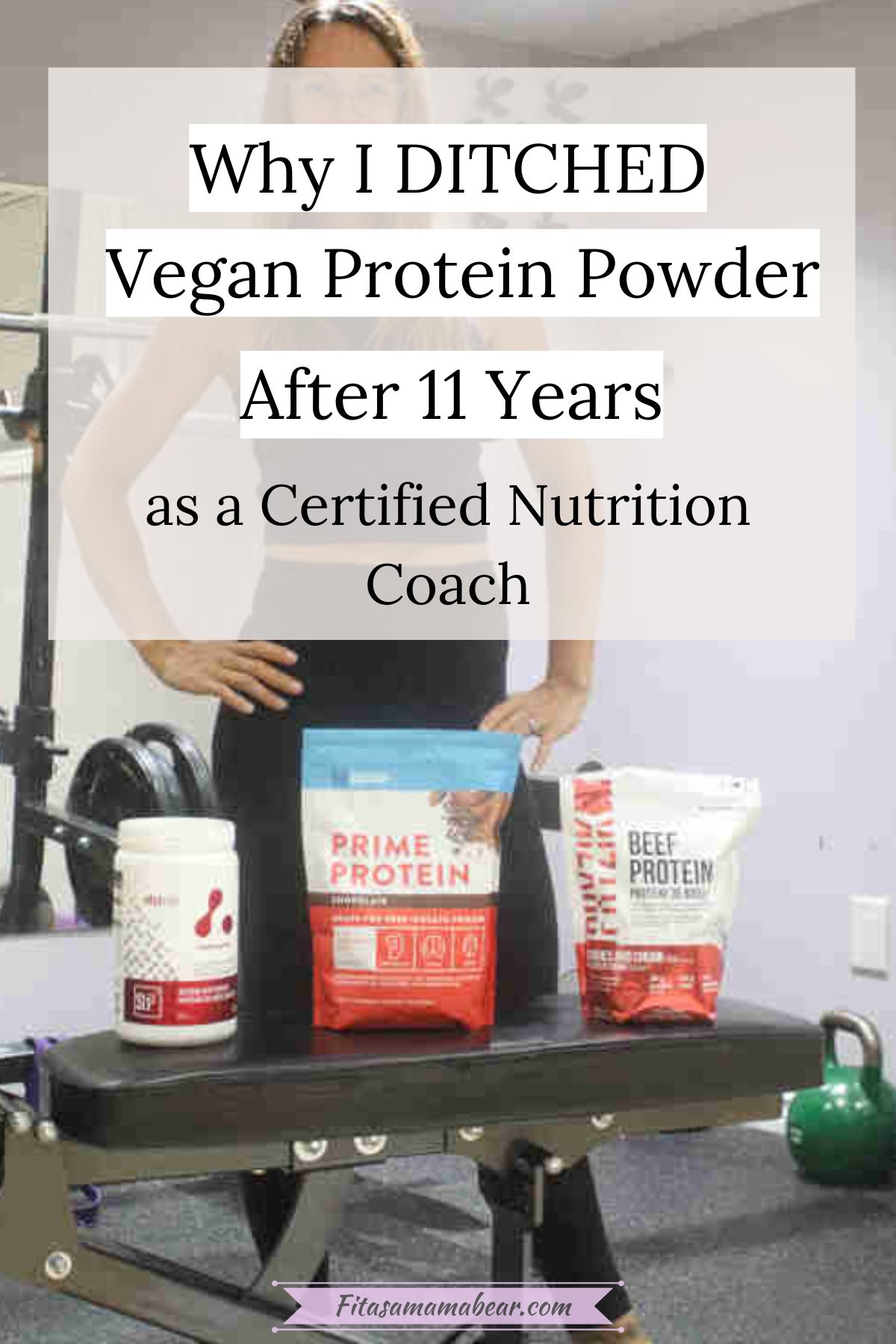 Woman standing in gym with multiple beef protein powders on a workout bench and text on the image.