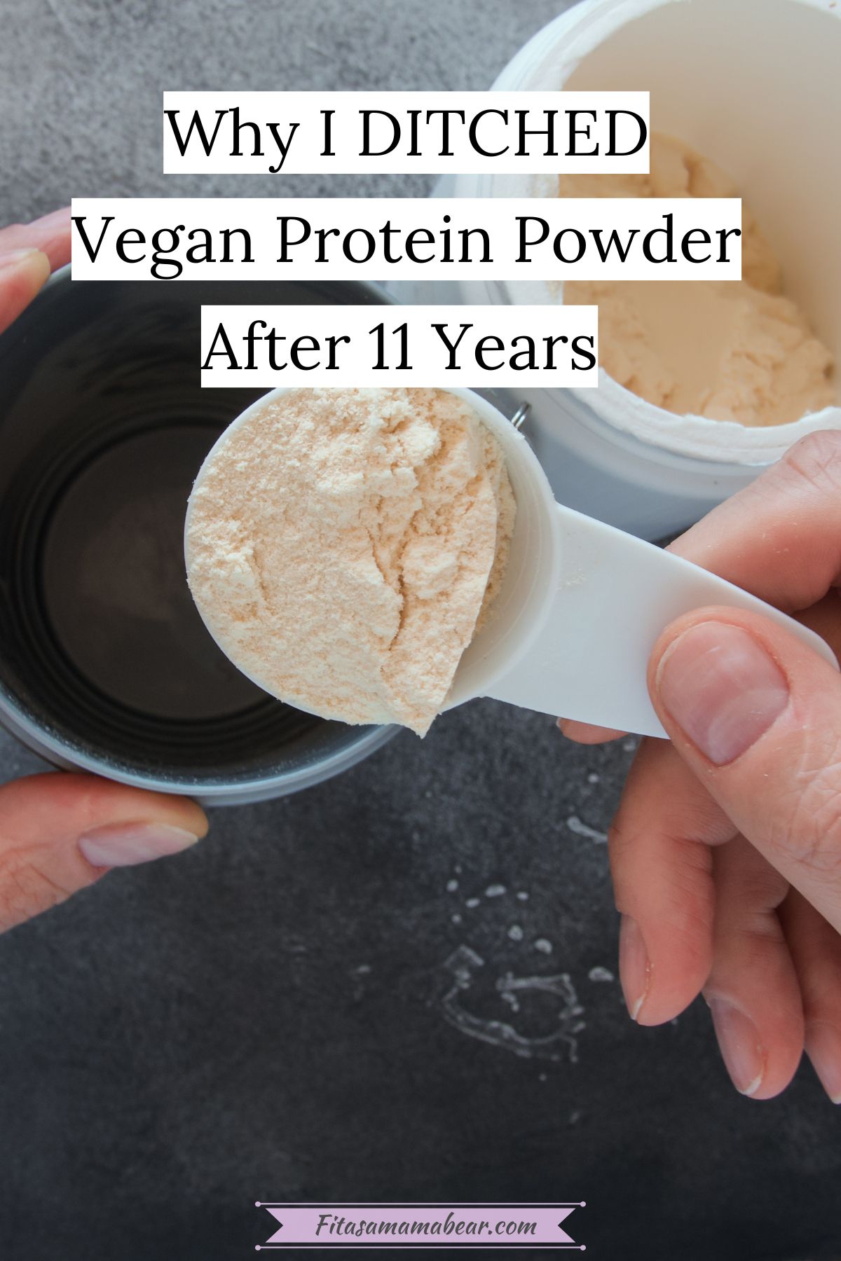 A scoop of protein being placed into a cup with text on the image.