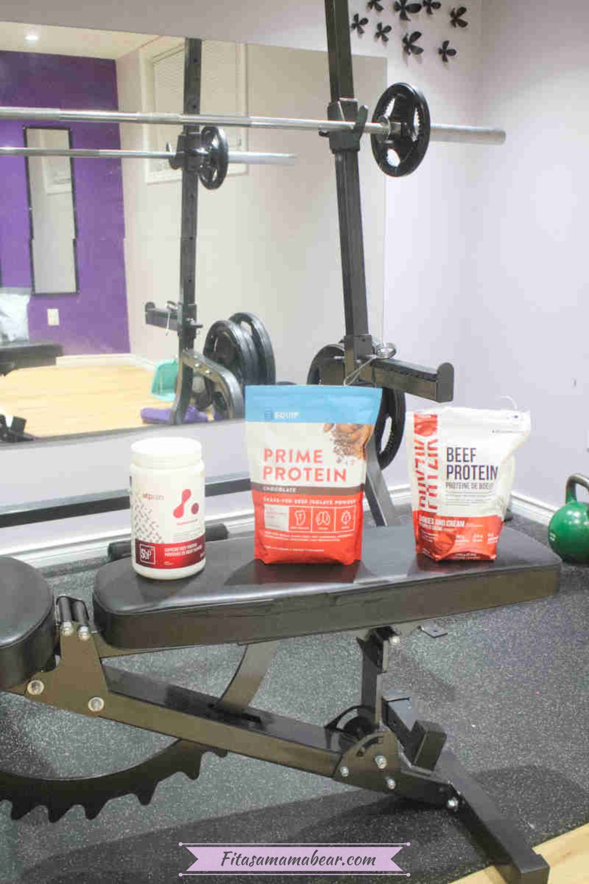 Multiple beef protein powders on a workout bench.