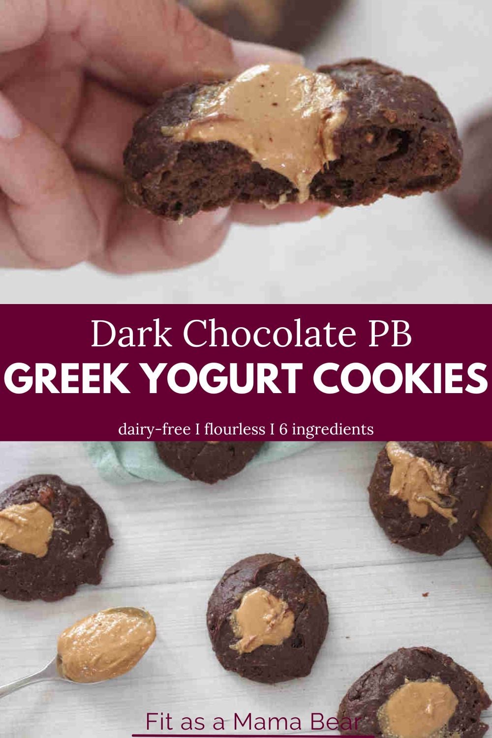 Two images of dark chocolate peanut butter yogurt cookies with text in between.