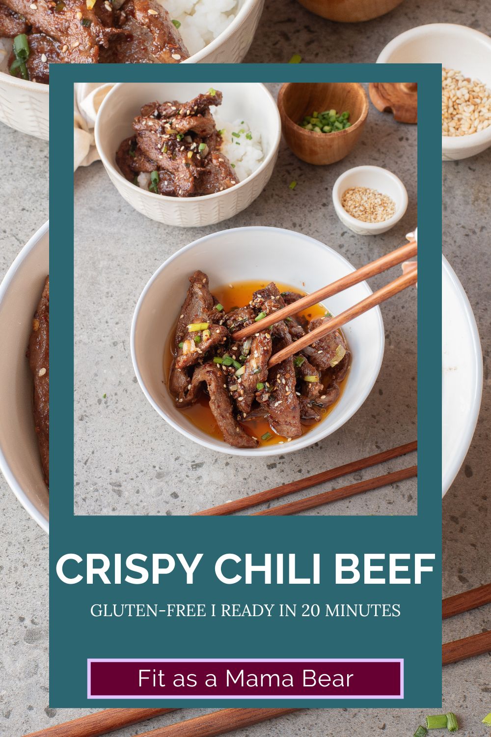 A bowl of spicy beef strips with text on image.