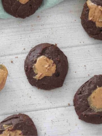 Dark chocolate Greek yogurt cookie pieces with peanut butter toppings.