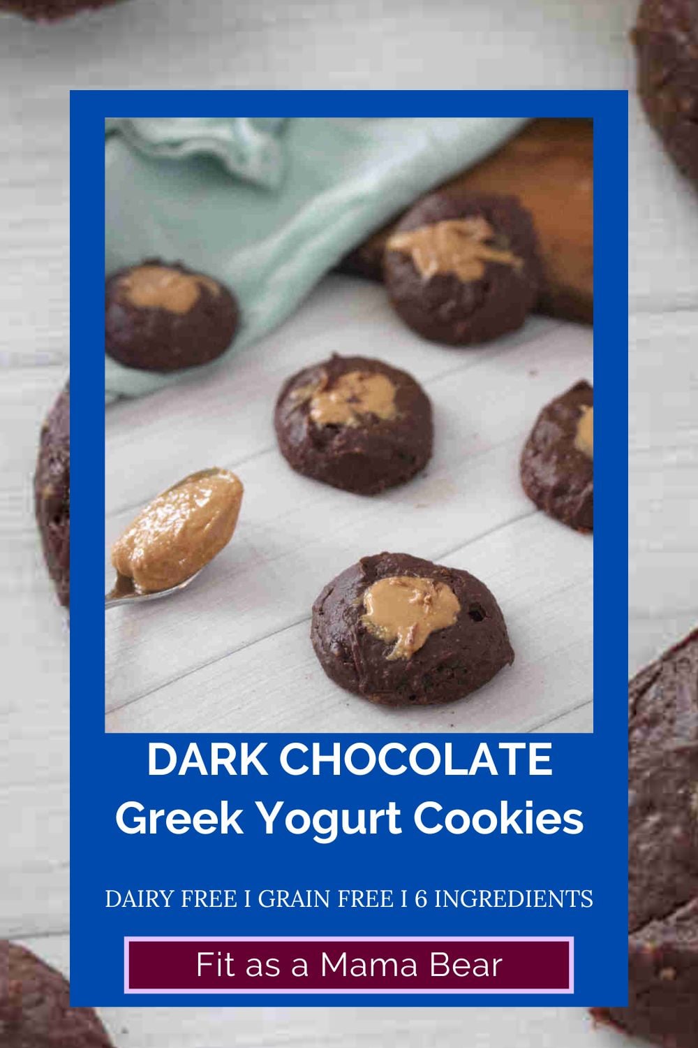 Text on an image of Greek yogurt chocolate cookies with peanut butter.