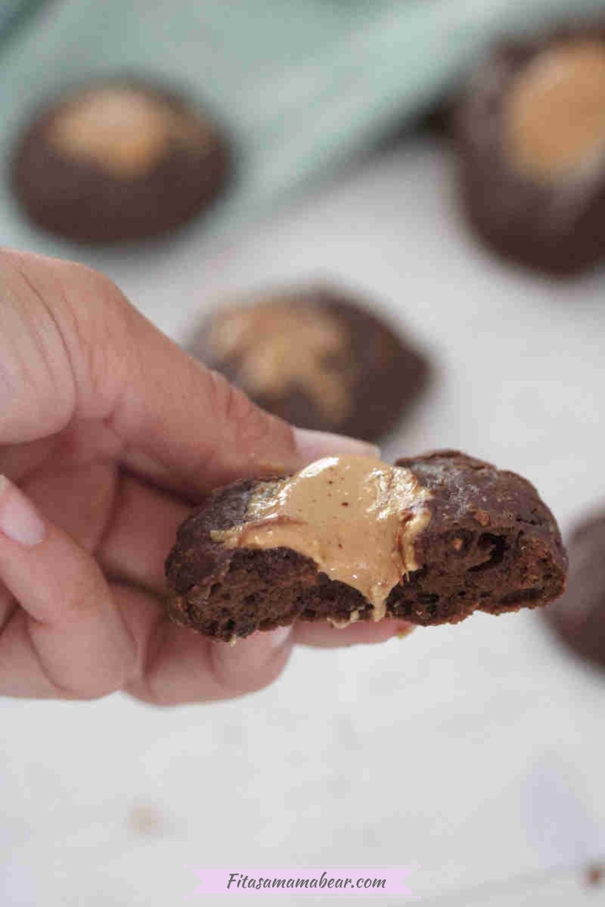 A hand holding half a piece of greek yogurt chocolate cookie with peanut butter toppings.