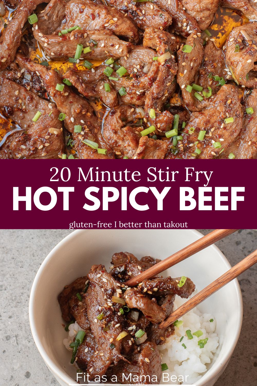 Two images with text in between, on top a close up image of spicy beef strips, at the bottom a bowl of rice topped with spicy beef strips.