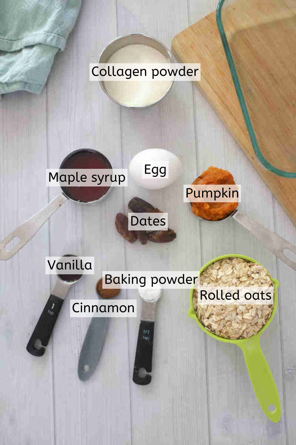 Collagen powder, maple syrup, egg, dates, pumpkin, vanilla, cinnamon, baking powder, and rolled oats used to make baked pumpkin oats.