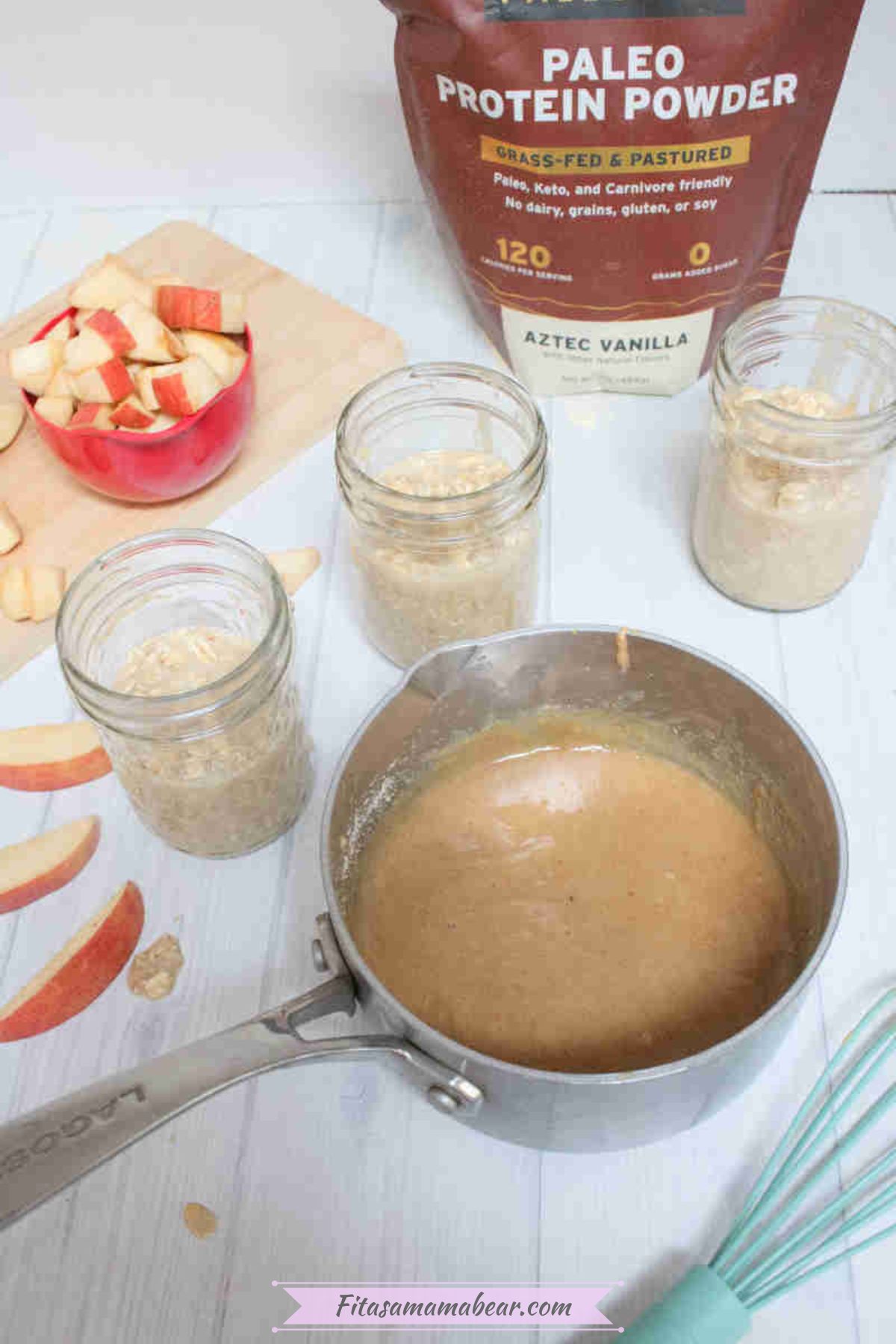 Small pot with homemade protein caramel sauce and jars filled with apple overnight oats around it.