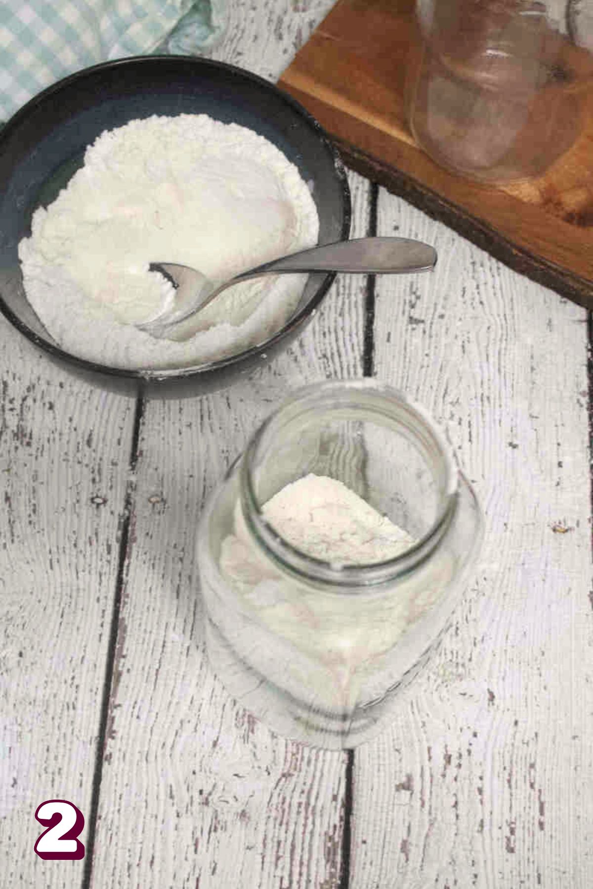 Homemade pancake mix transferred into a mason jar.