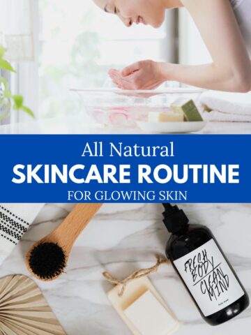 Two images with text between them top of a woman washing her face and the bottom of beauty products.