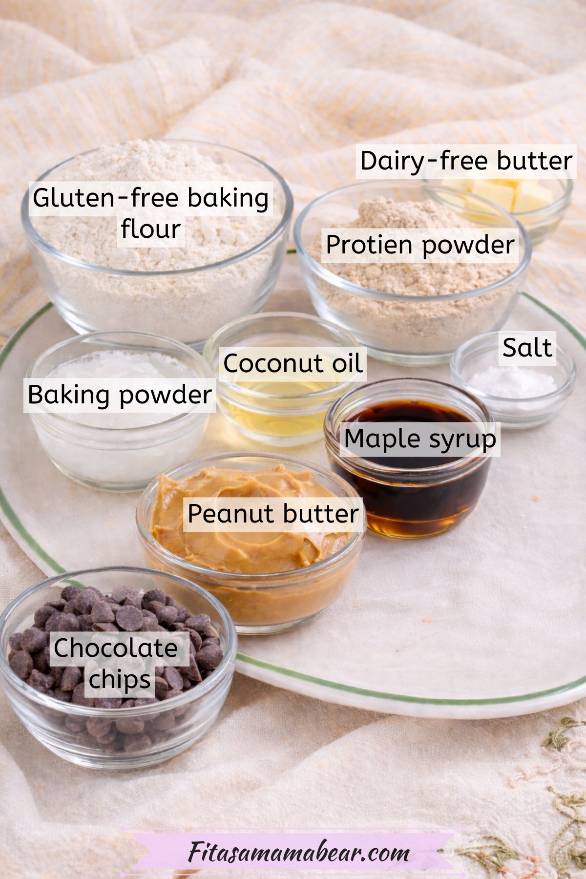 Multiple ingredients in glass bowls with text labels over top.