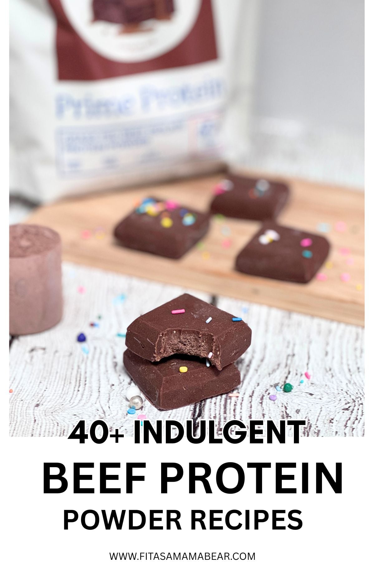 Chocolate protein fudge stacked with protein powder behind it and text on the image.