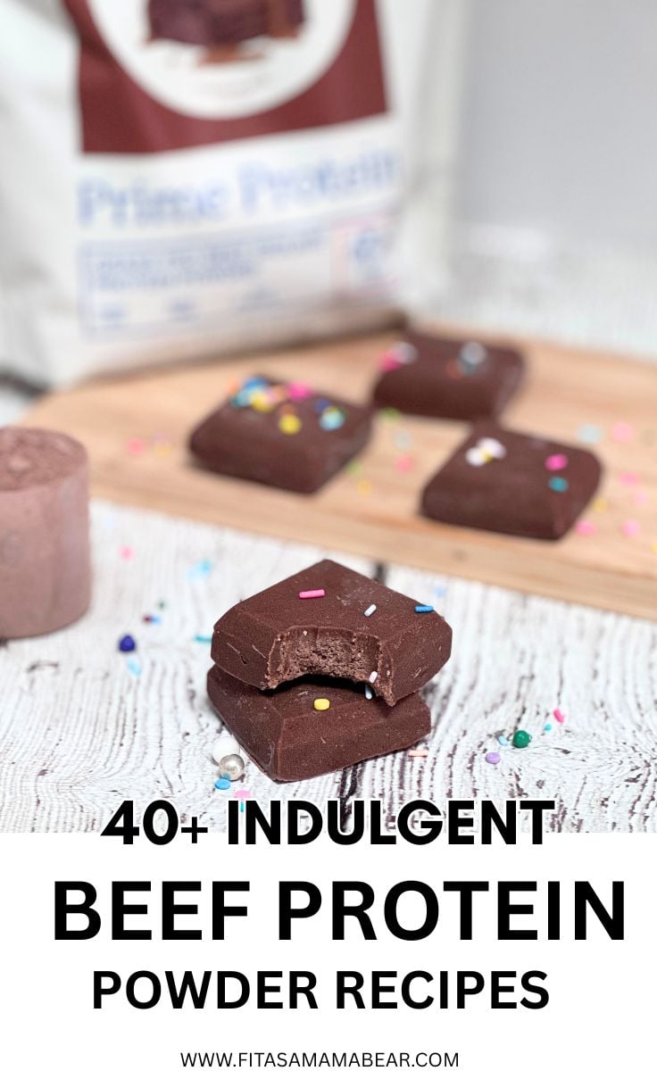 Chocolate protein fudge stacked with protein powder behind it and text on the image.