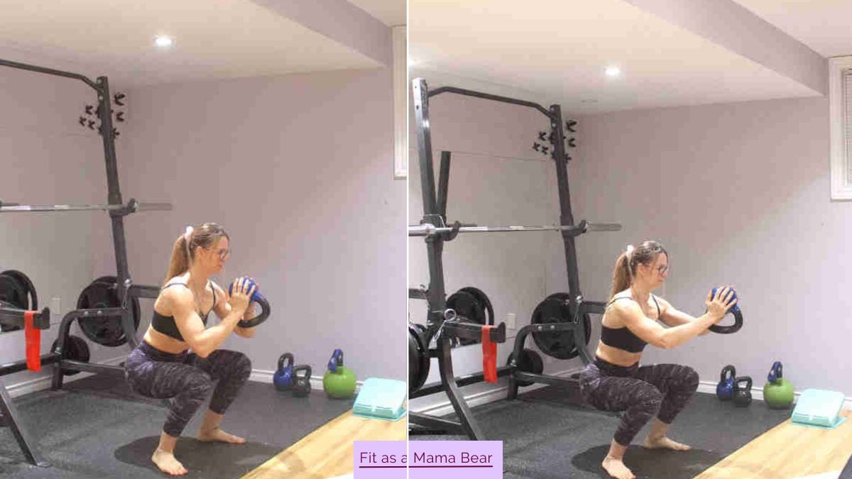 Two images of a woman squatting with a kettlebell.