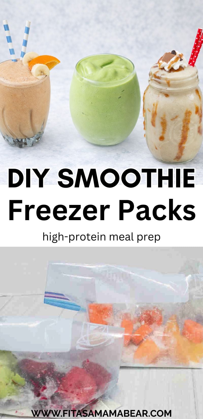 Two images, the top of three smoothies and the bottom of smoothie freezer packs.